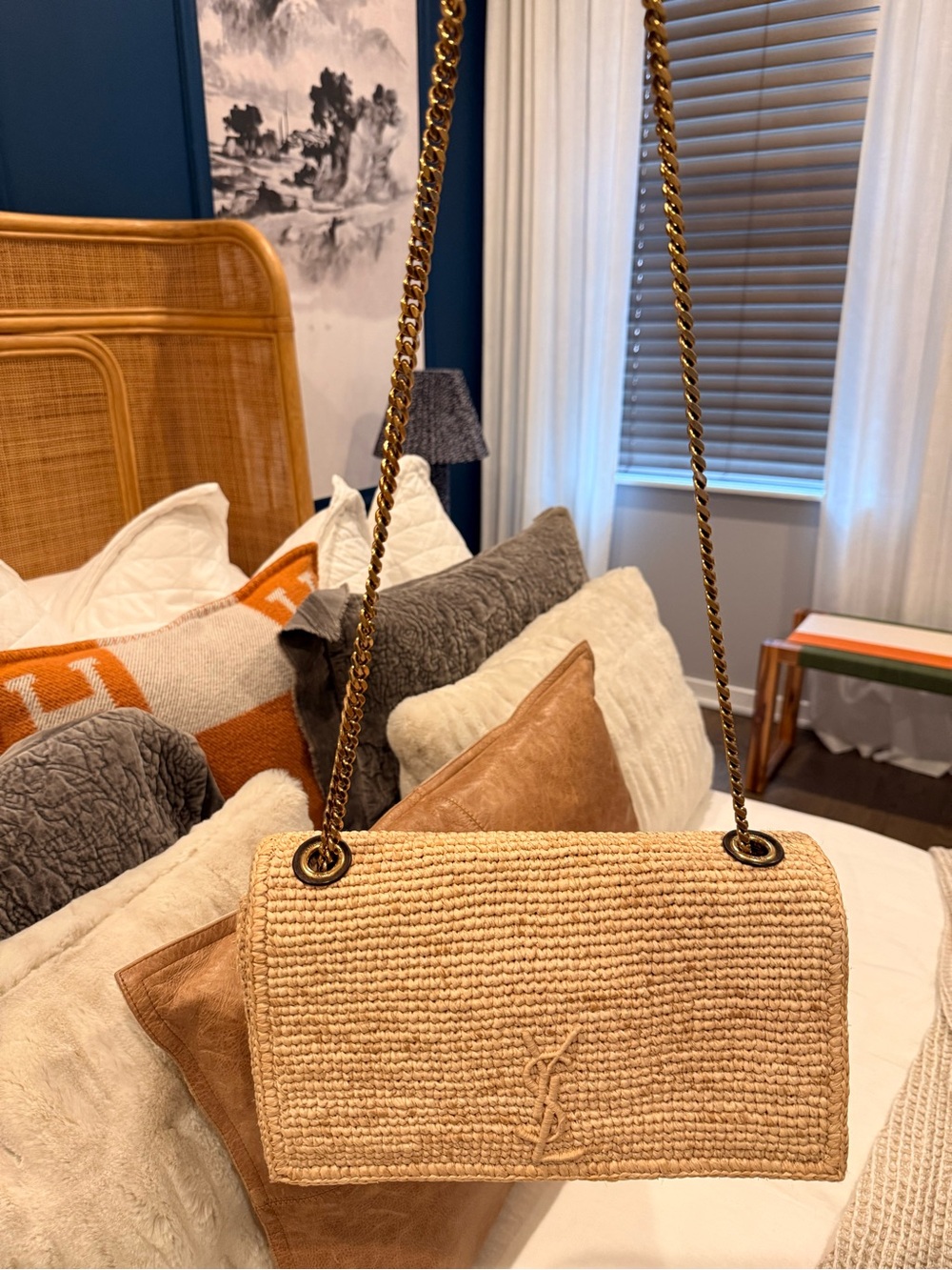 Saint Laurent Natural Raffia Envelope Chain Shoulder Bag with Gold Hardware